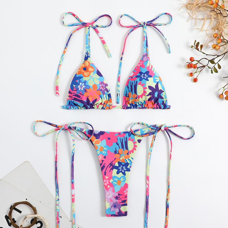 

European & American 2025 Sexy Floral High-Waisted Bikini Swimsuit Large цветочный/синий