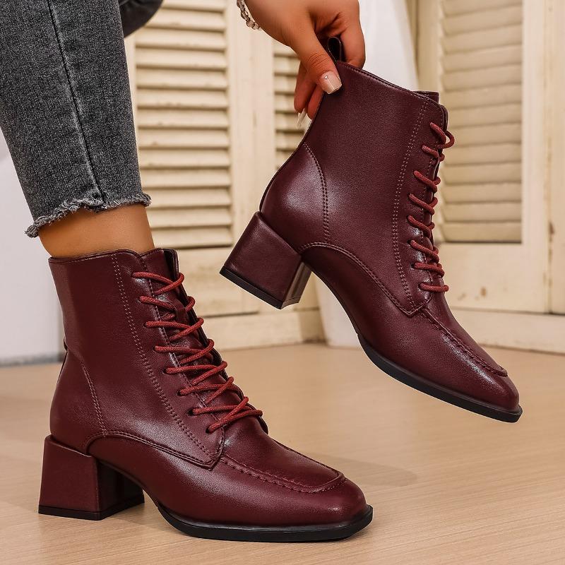 Fashion Spliced Front Lace-Up Single Boots Women's Fashion Square Toe Anti-Slip Wear-Resistant Block Heel Shoe