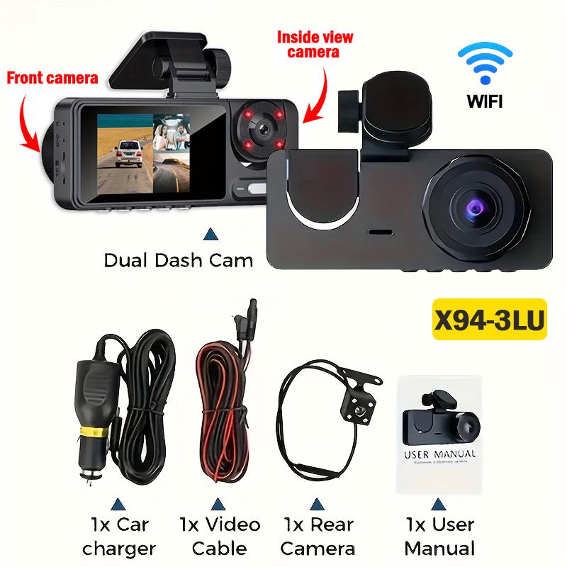Triple Lens WiFi Dashcam 2/3 Channel Car Camera 1080P HD Video Recorder, Night Vision Car DVR with Wide Angle for Front and Rea