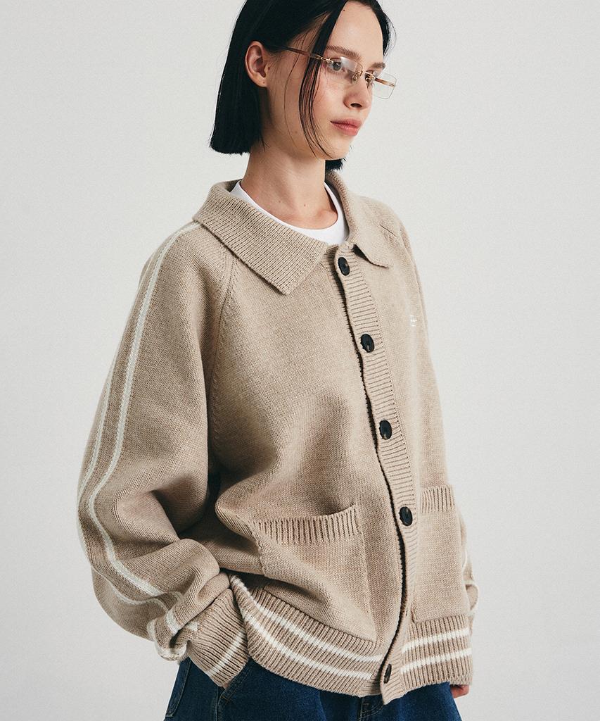 Gakkai Unions Sports Collar Raglan Knit Cardigan Beige