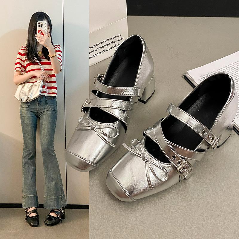 Silver inner height increase Mary Jane shoes bow flat bottom new 6cm French single shoes women's summer ballet large size women's shoes