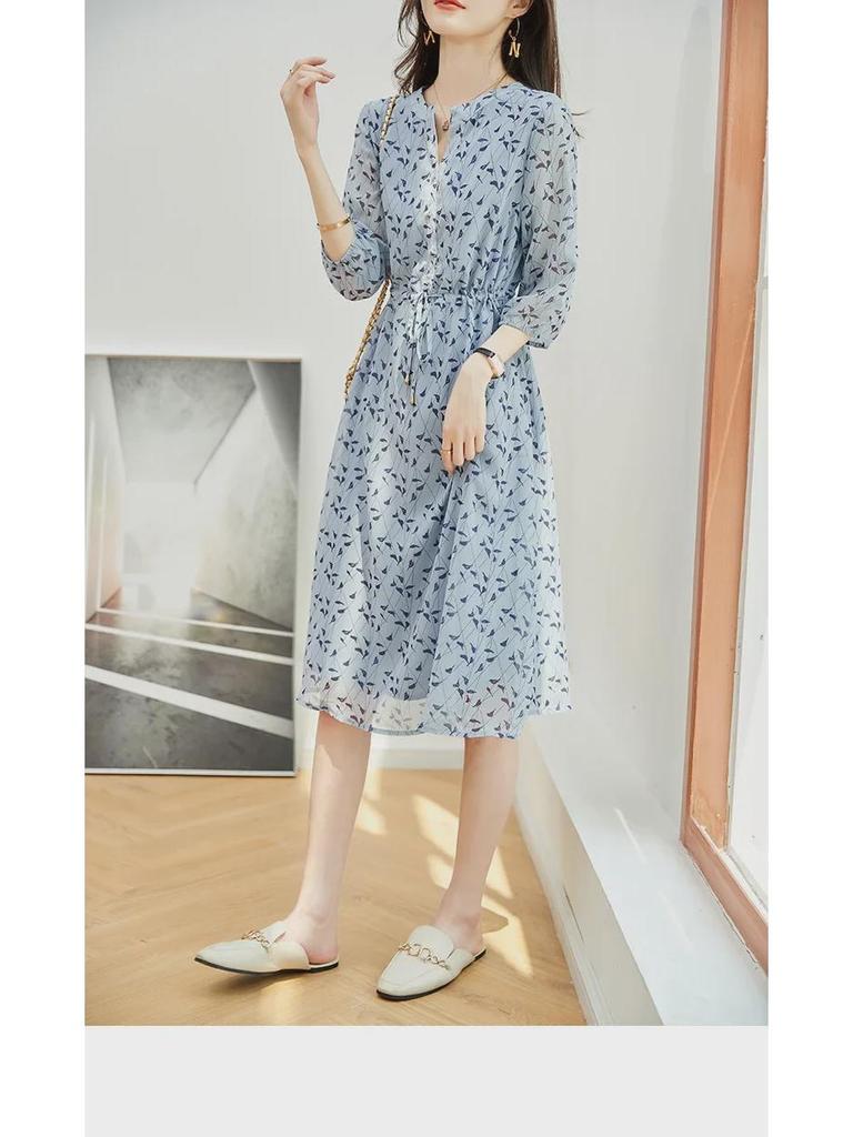 2025 Wiosna/Lato Sukienka Maxi z Szyfonu w Kwiaty Wyszczuplająca Talia dla Kobiet