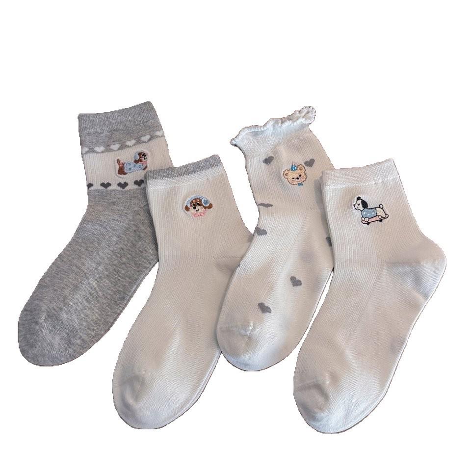 Korean Style Cartoon Puppy Embroidered Mesh Ruffle Socks for Girls, Breathable Mid-Calf Length
