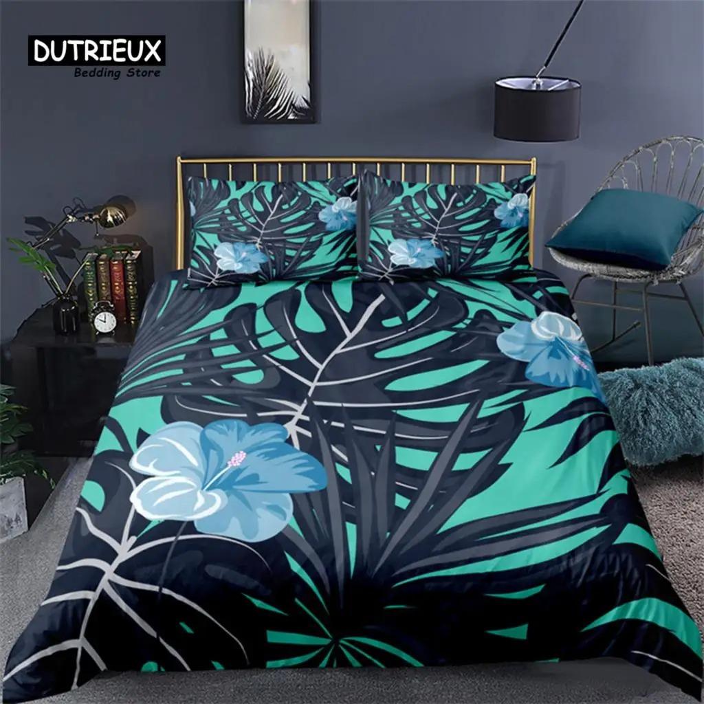 Soft Palm Leaves Comforter Cover Microfiber Tropical Botanical Leaves Bedding Set Double Monstera Leaf Floral Print Duvet Cover