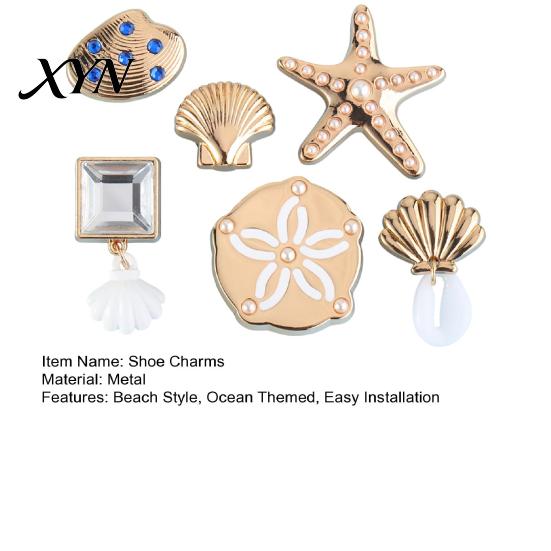 Seestern Schuhanhänger 6 Stück/Set Sommer Strand Anhänger, Goldfarbene Muschel Clog Zubehör Meeres-Thema Dekorationen für Clogs Damen Mädchen Löcher Anhänger