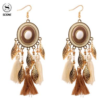 Disc Leaf Garn Bohemian Holz Frauen Vintage Kreis baumeln lange Quaste Ohrstecker Schmuck Hochzeit