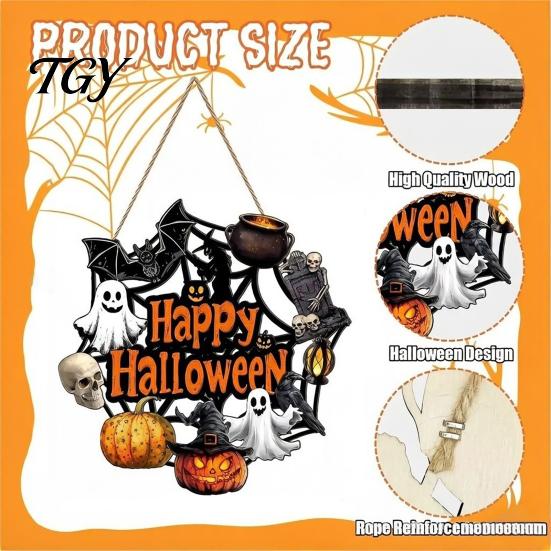 Fall Front Porch Signs Halloween Wooden Wreath Door Hanger Sign, Pumpkin Ghost Black Cat Witch Weatherproof Wall Decorations Bat Patterns, Hanging