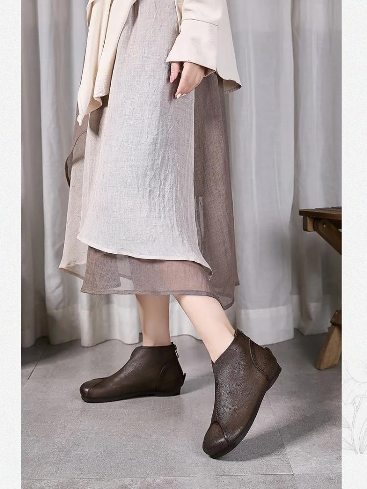 Johnature Bottines plates rétro en cuir véritable à bout rond et semelle souple, chaussures polyvalentes pour femmes