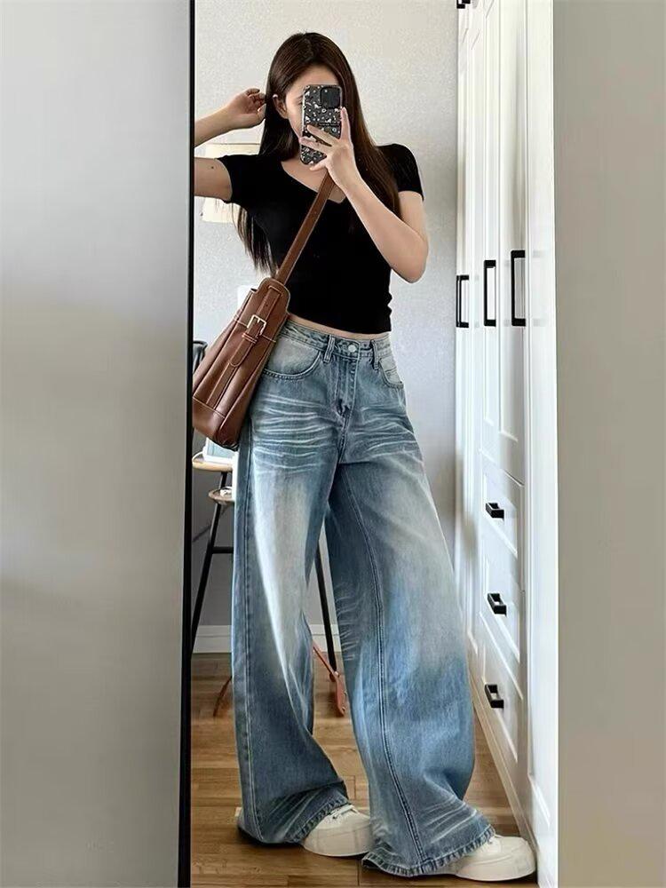 

Женские джинсы больших размеров в стиле ретро с широкими штанинами - Стройнящие прямые, Осень/Зима 2025 XS светло-синий