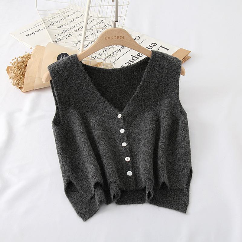 Women Vest Waistcoat Spring Autumn Korean Style Cardigan V Neck Loose Knit Sweater Casual Sleeveless Jacket