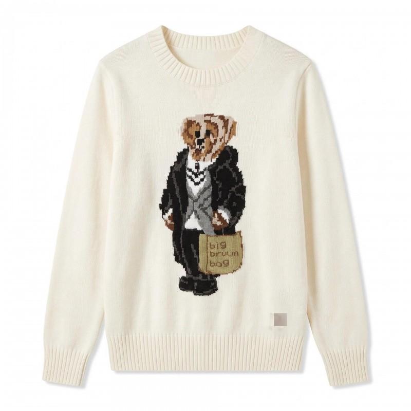 Womens Cotton Blend Knit Sweater With Embroidered Bear Design Loose Fit Long Sleeve Winter Top