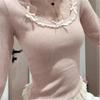 Japanese Sweet Bow Lace Patchwork Slim Tees Long Sleeve Solid All-match Korean Tshirts Spring Autumn Fashion Women Clothing
