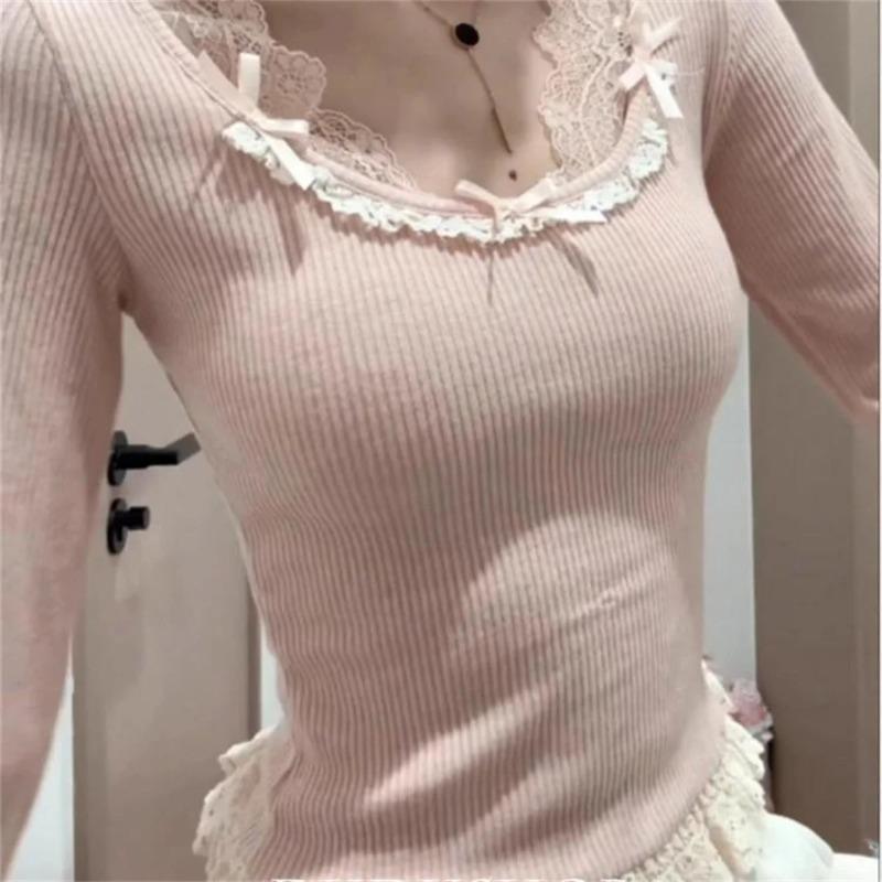 Japanese Sweet Bow Lace Patchwork Slim Tees Long Sleeve Solid All-match Korean Tshirts Spring Autumn Fashion Women Clothing