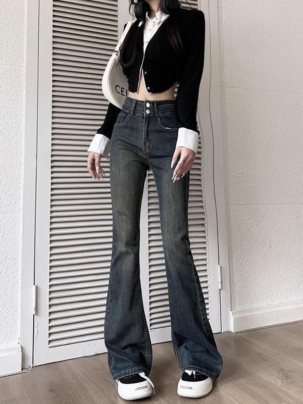 Högmidjade Flare Skinny Jeans i Storlek för Kvinnor - 2025 Sommar Smalande Vida Ben Golvlånga Byxor