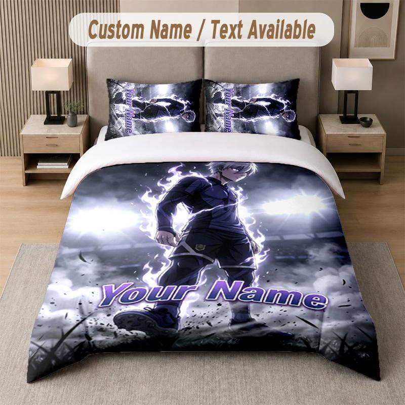Blue Lock 3Pcs Bedding Set, Personalized Custom Name Text, 1 Duvet Cover & 2 Pillowcases For Bedroom