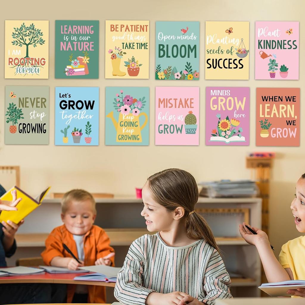 12Pcs Spring Bulletin Board for Classroom Motivational Poster Flower Poster Bulletin Board When We Learn We Grow pirational Green Plant Positive