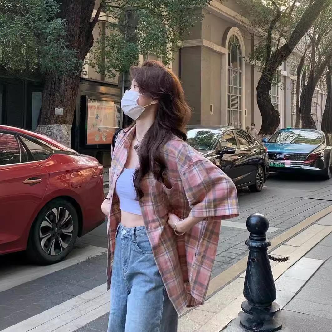 

Women s Japanese Retro Pink Plaid Polo Collar Short Sleeve Jacket - Summer Design Layered Top L рожевий