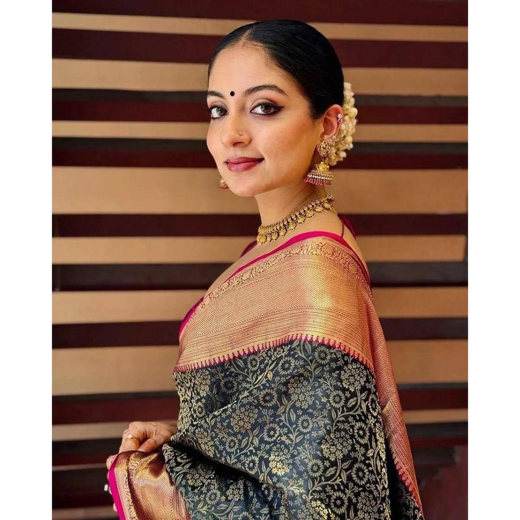 New Launch – Elegant Soft Lichi Silk Saree with Rich Jacquard Weaving & Contrast Blouse Elegance