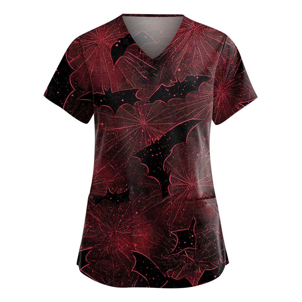 Dámská móda Overaly s krátkým rukávem a výstřihem do V s kapsami Halloweenské potištěné topy Oblečení