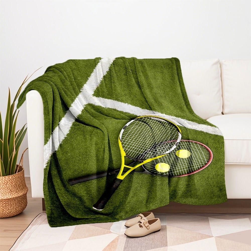 Tennis Rackets and Balls on CourtBlanket Flannel Throw Blanket for Sofa, Bed, Travel, Camping, Office, Couch, Chair, And Bed Gift for Christ