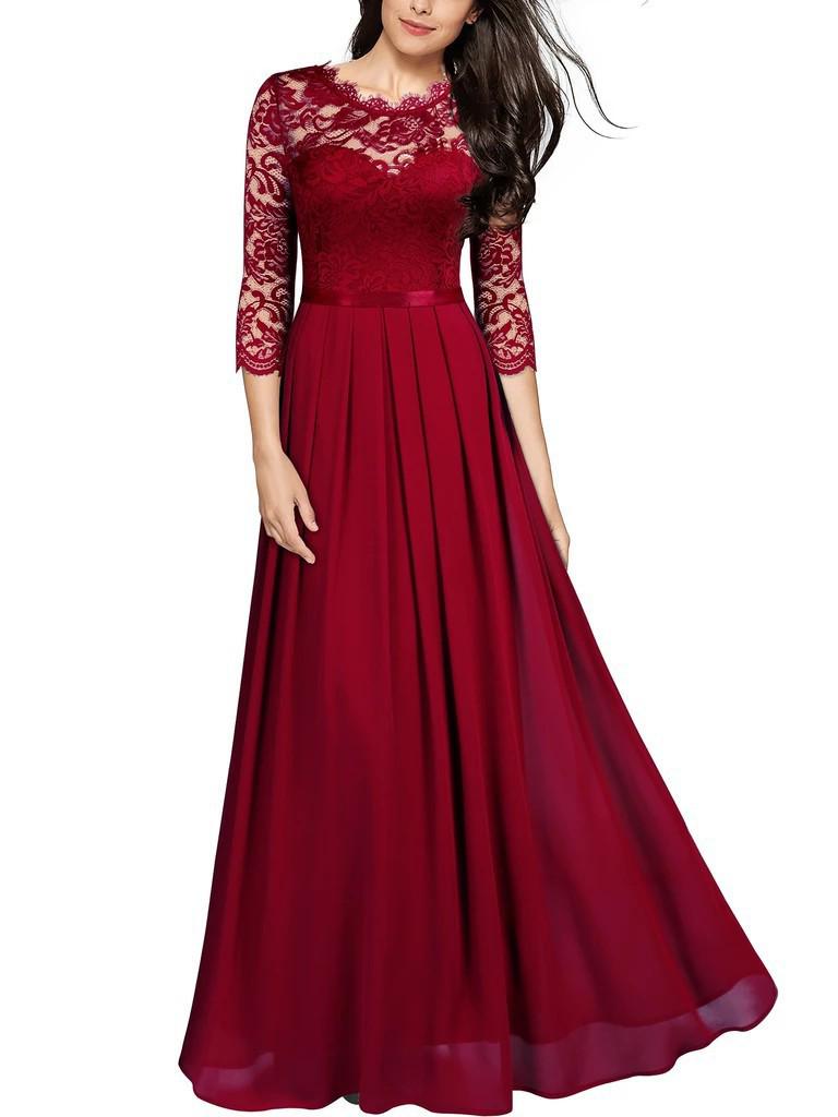European Style Chiffon Lace Long Evening Dress - Women's Round Neck Gown
