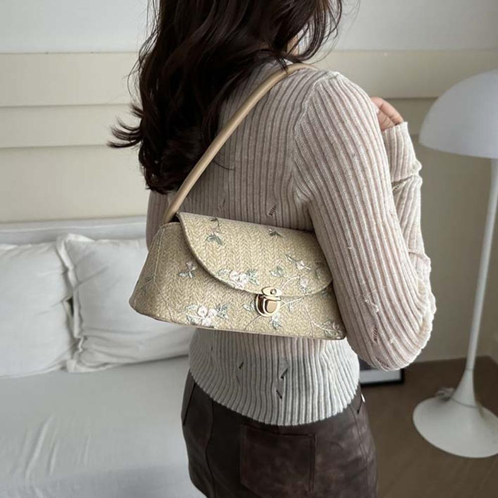 

Embroidery Beach Straw Hobo Elegant Handbag Classic Grass Woven Shoulder Bag Work бежевий