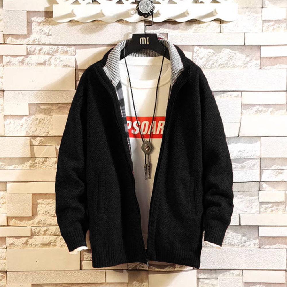 Maglione casual da uomo in pile spesso e invernale, di grandi dimensioni, con colletto alto, cardigan