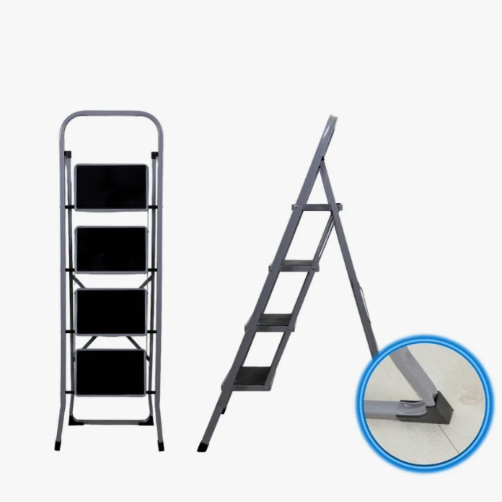 Folding metal ladder for home use, 4 steps, platform, gray, 150 kg