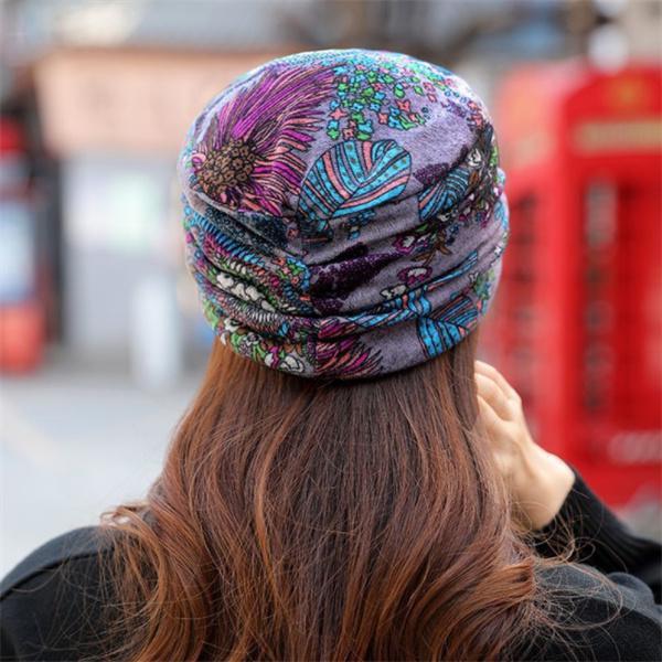 Women Autumn Winter Hat Print Cap Warm Beanie Bonnet Hat Ethnic Style Hat LM
