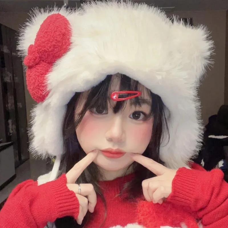 Winter White Plush Caps Red Bow Cute Cat Ear Women Warm Protection Ear WindProof Hat Soft Fashion Accessories Girls Fluffy Hats