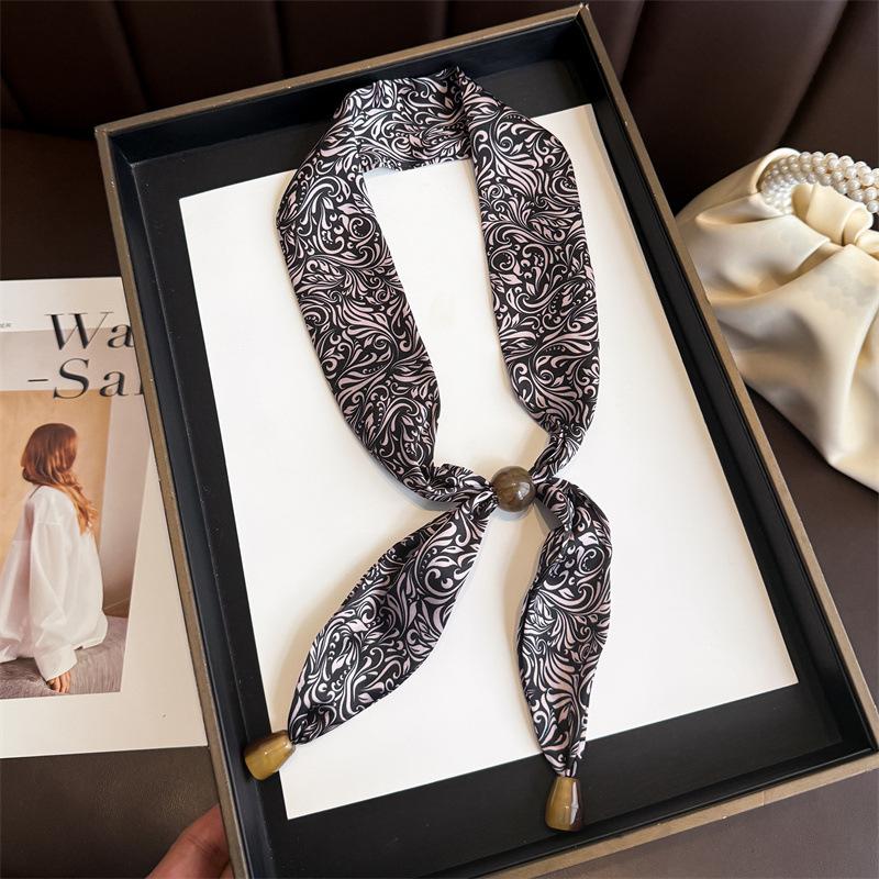 Professional Versatile Simulation Silk Printed Silk Scarf Double-layer Beaded Premium Sense Neck Protection Commuter Strip Decorative Scarf Scarf