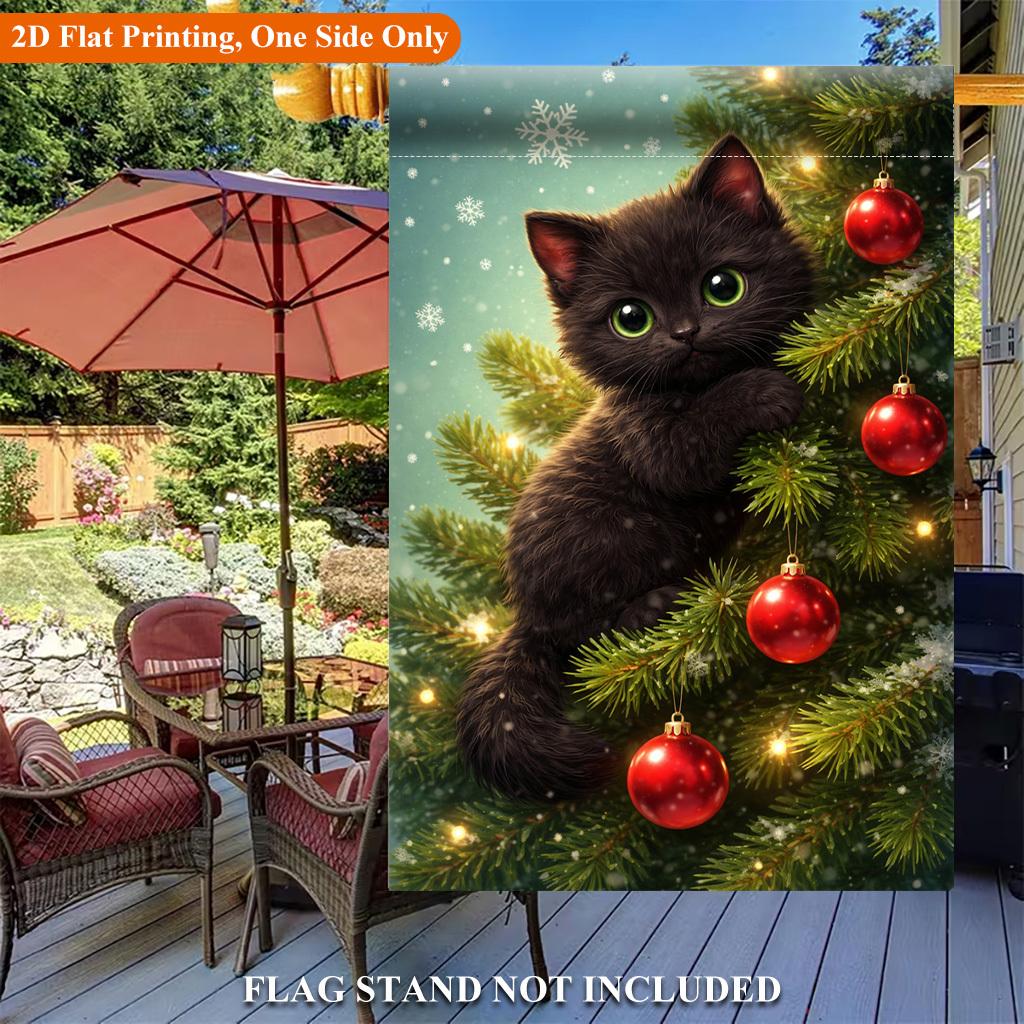 Cute Kitten on Tree Single Sided Polyester , Holiday Garden Flag - Single-Sided, Polyester, Outdoor Yard Decor
