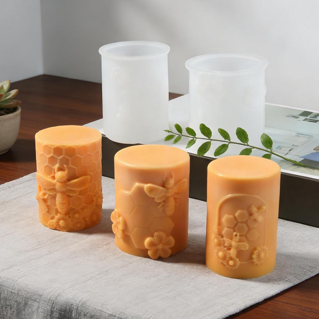 3D Honeycombs Pillar Candle Silicone Mold DIY Embossed Bee And Flower Honeycombs Cylinder Aromatherapy Candle Plaster Mold Decor