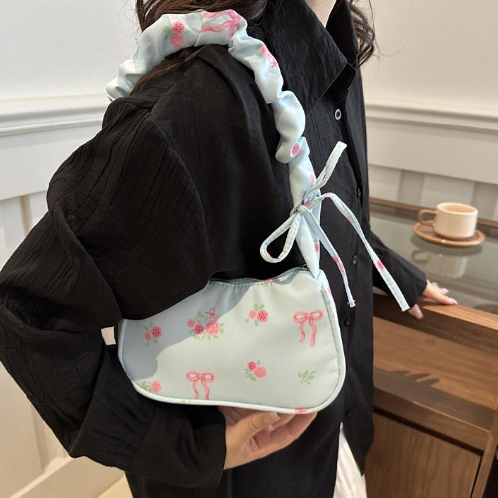 Sweet Flower Pleated Underarm Bag Bowknot Floral Shoulder Bag Simple Nylon Handbag  Gifts
