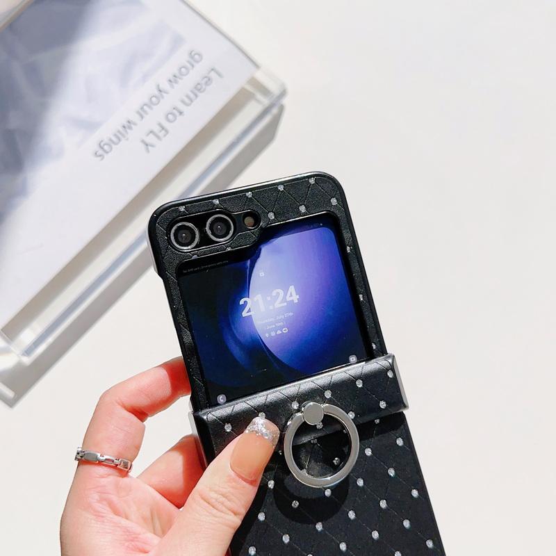 Luxury Leather 3pcs Folding Case For Samsung Galaxy Z Flip6 Flip5 Flip4 Flip3 Diamond Shockproof PC Ring Holder 3pcs Folding Cover