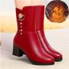 Casual  Mid-calf Boots for Womens Chunky High Heels Shoe Winter  Plush Warm Side Zipper Modern Boot Black Red Botas