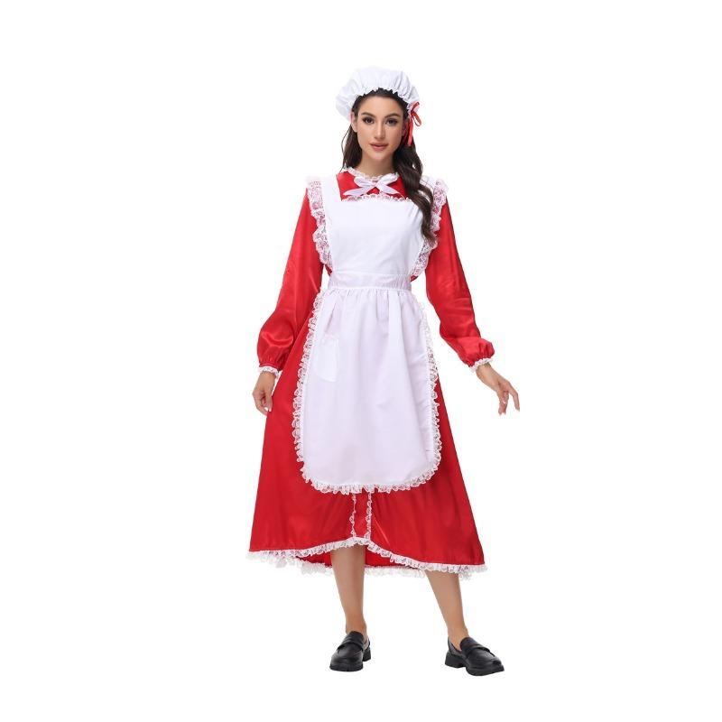 Halloween New Ladies Christmas Maid Dress Maid Play Dress Red Long Sleeve Dress