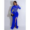 Women's Fashion Solid Color Mesh Slit Long Dress with Hot Drill Detailing.