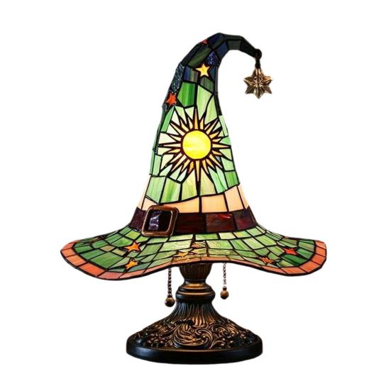 Stained Glass Style Witch Hat Lamp, USB Powered Resin Wizard Hat Night Light with Sun Star, Gothic Halloween Table Lamp for Bedroom Bookshelf Mantel