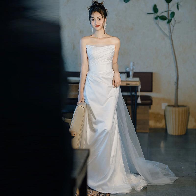 French Tube Top Light Wedding Dress Bride Satin Simple Temperament Mori Door Yarn Fishtail Welcome Dress Skirt