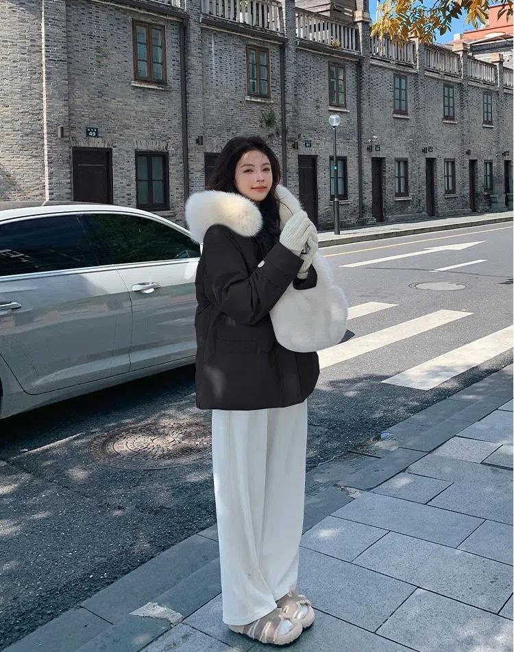 Women's Autumn and Winter Coat Solid Color Horn Button Hooded Fur Collar Loose Thickened Windproof Women's Jacket