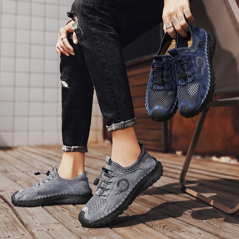 Handmade Genuine Leather Mesh Men's Shoes New Breathable Flat Casual Shoes Outdoor Walking Men's Sneakers Hiking Shoes Zapatilla