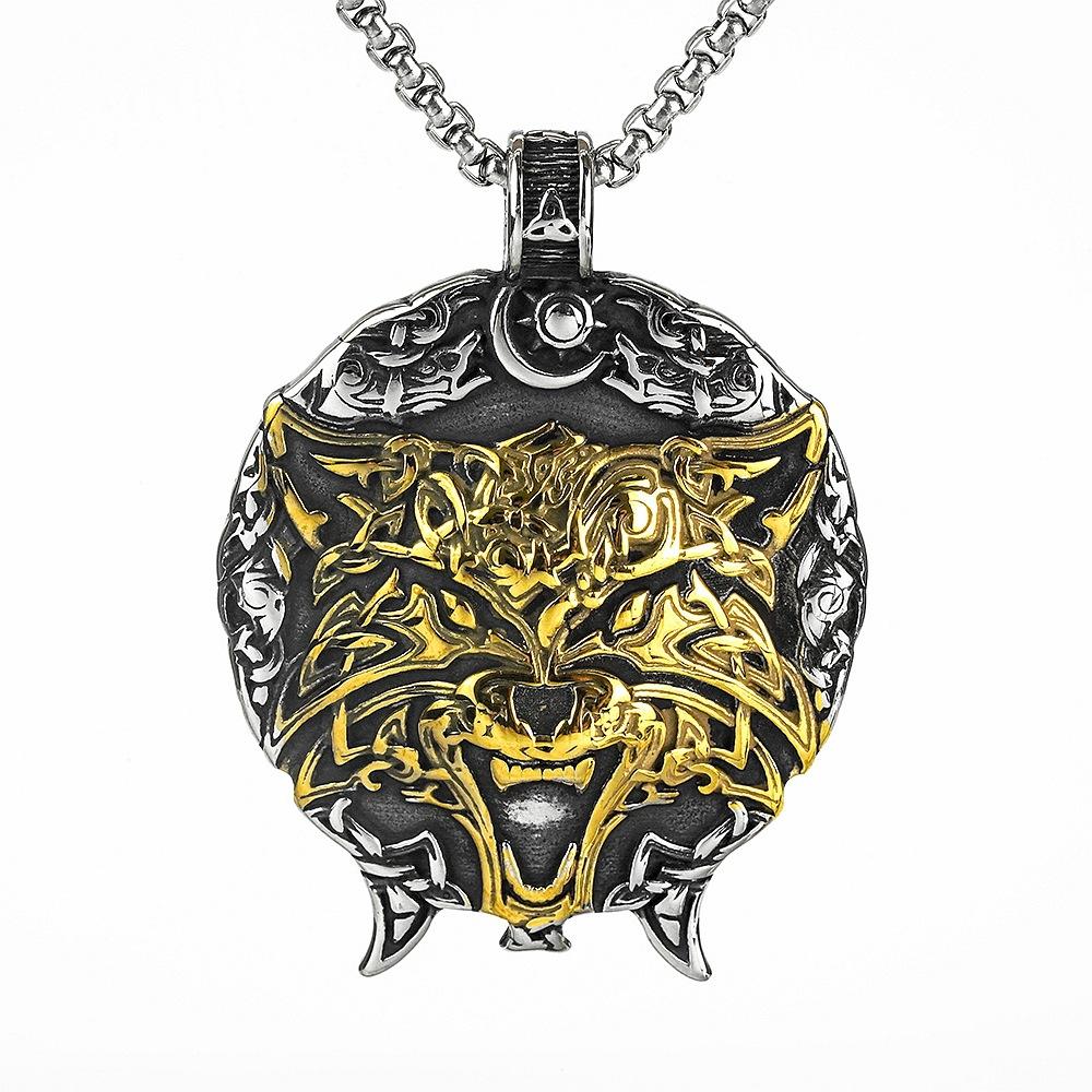 Vintage Stainless Steel Men's Viking Wolf Head Pendant Necklace