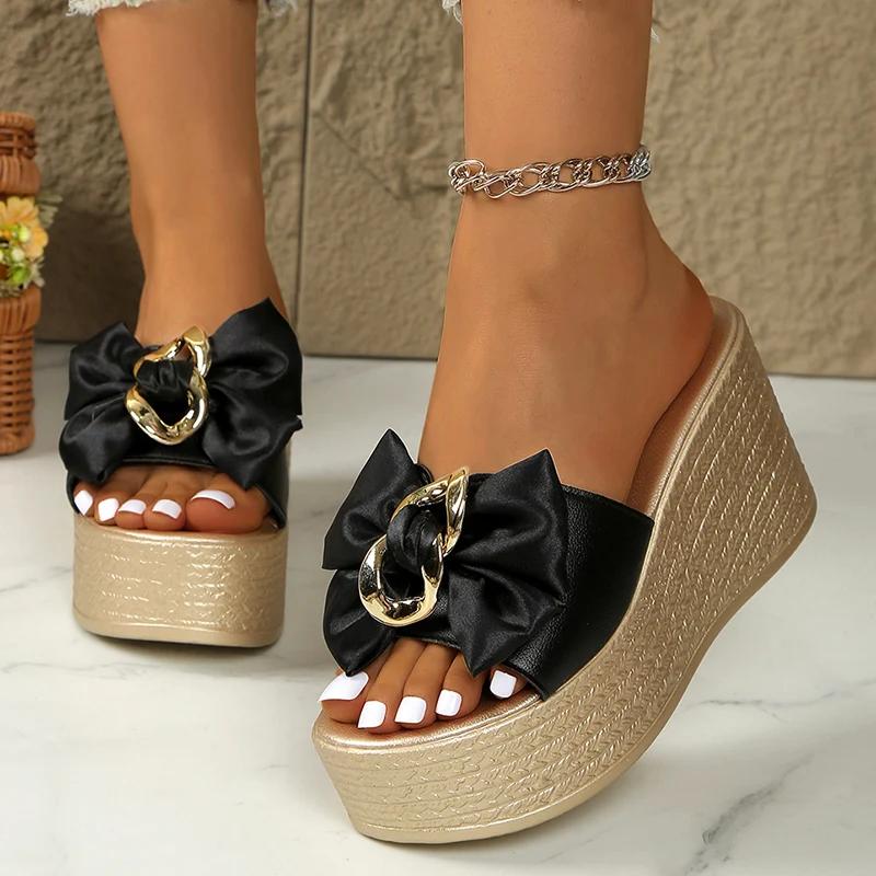 White Satin Bowknot Chunky Platyform Sandals for Women Chain Decor Wedge Heel Sandals Woman Thick Bottom Summer Slippers