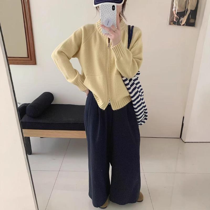 Autumn and winter new double pocket zipper knitted cardigan women's loose casual double head zipper knitted sweater jacket