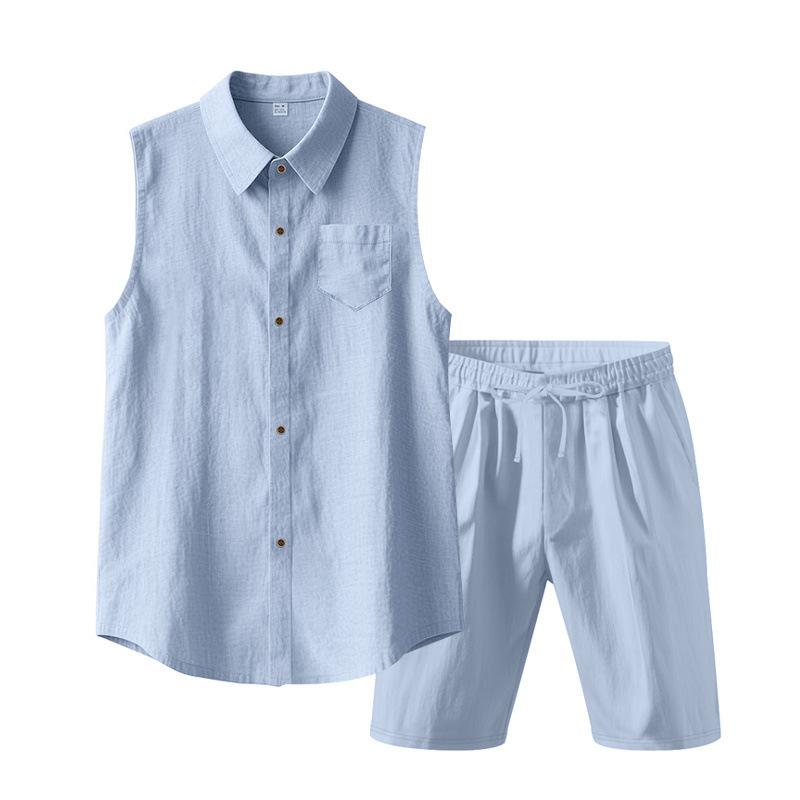 Loose Linen Sleeveless Collared Beach Shirt Casual Summer Fashion for Men Open Cardigan Style Clothing