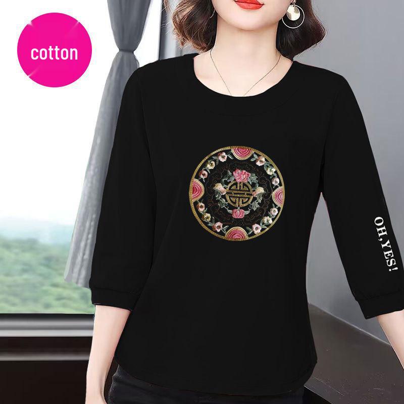 

Премиальная женская хлопковая футболка свободного кроя в корейском стиле 2025 года - рукав 7/8, прикрывающая живот, универсальный летний топ XL (Recommended 55-62.5 kg) чёрный