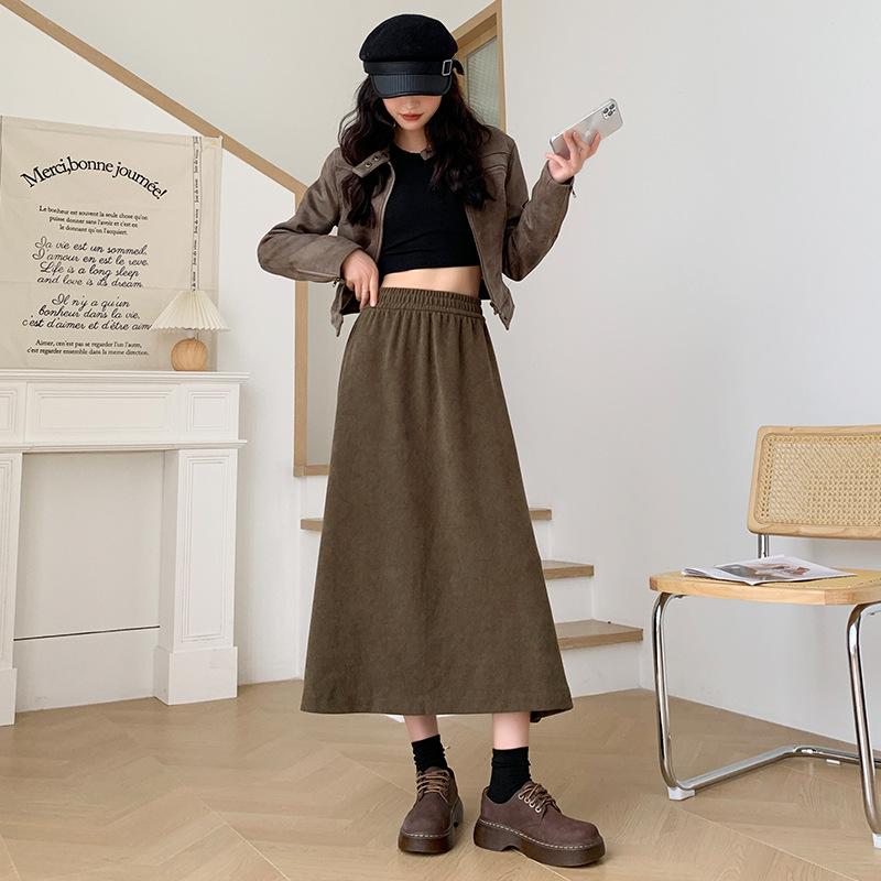 Mode Hohe Taille Cordröcke Damen Koreanisch Elegant College Stil Midirock Damen Herbst Winter Dick A-Linien-Rock