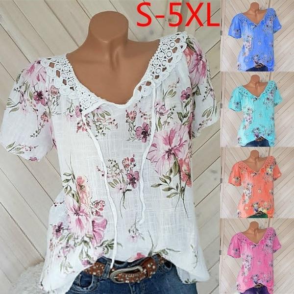 Sommer Casual Damen bedrucktes T-Shirt mit V-Ausschnitt und Spitze, kurzärmelig