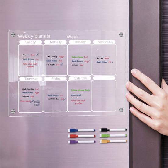 Magnetic Weekly Planner Board with 6 Colored Markers Reusable Clear Acrylic Refrigerator Calendar Dry Erase Weekly Schedule Planning Board